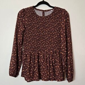 Petallush Brown Floral Smocked Peplum Blouse Long Sleeve NWT Size Large
